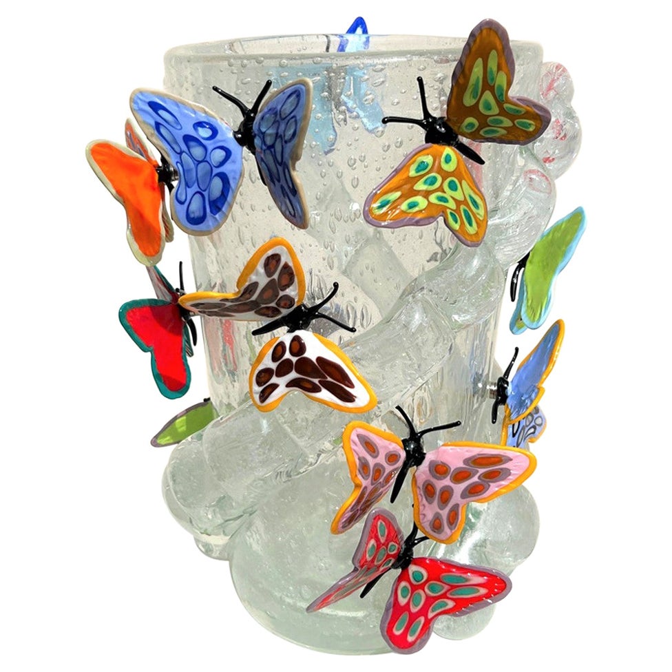 Costantini Diego Modern Crystal Pulegoso Made Murano Glass Vase avec papillons