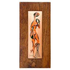 1970s Modernist Vintage Enamel Artwork Female Nude on Walnut Wood Signed