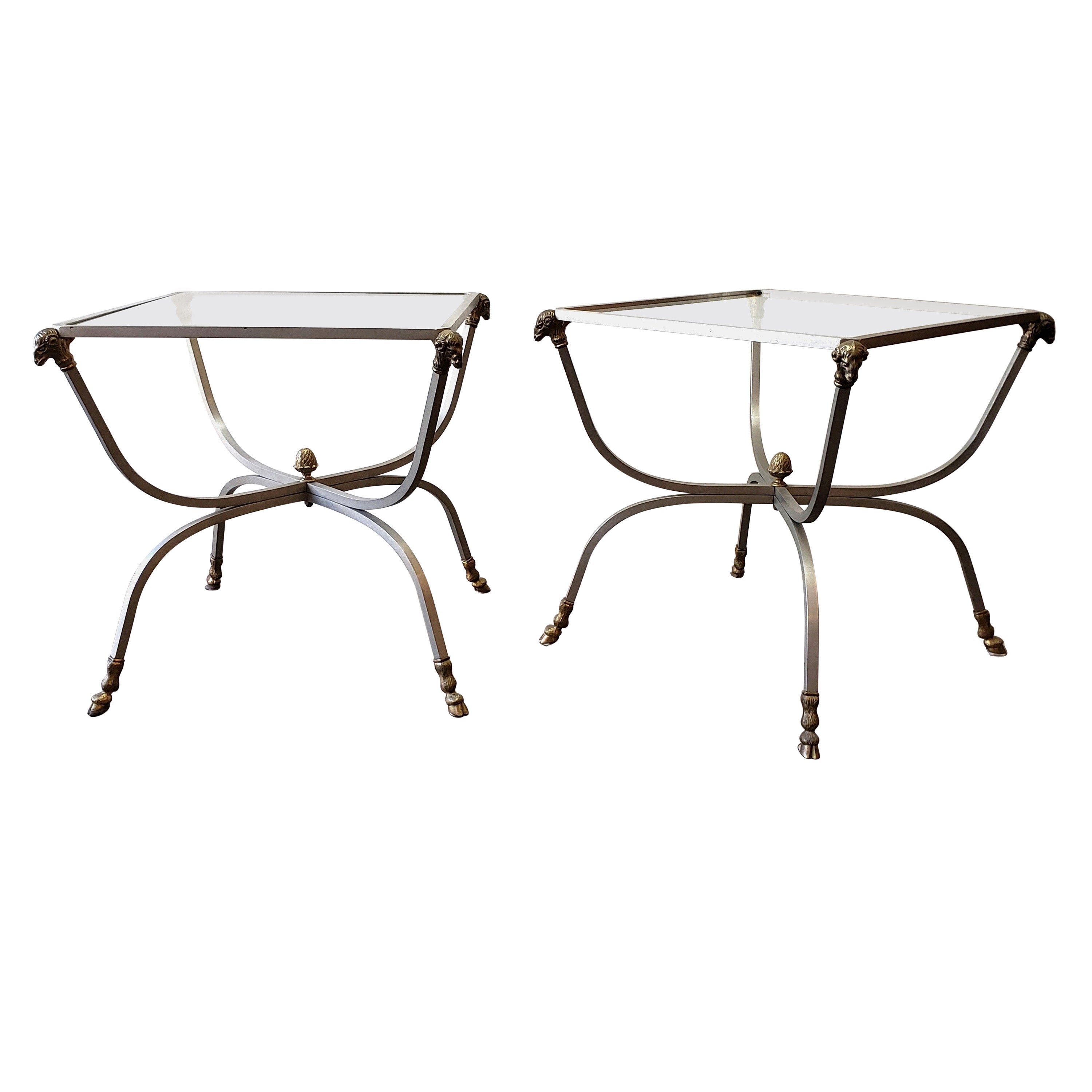 Pair of Maison Jansen French Side Tables with Brass Rams Head and Hoof Detail