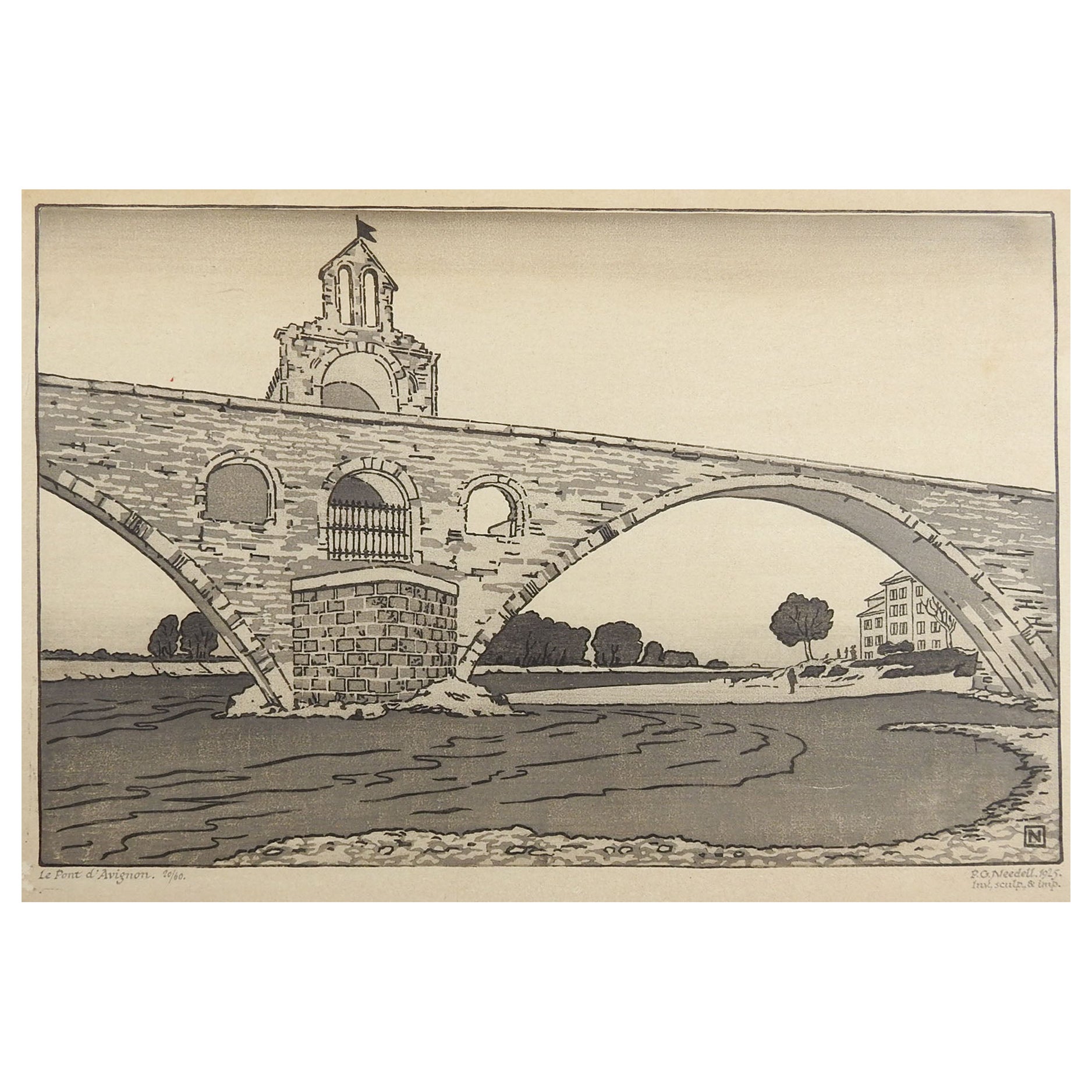 Vintage 1925 Le Pont d'Avignon by Philip Needell Woodcut Print For Sale