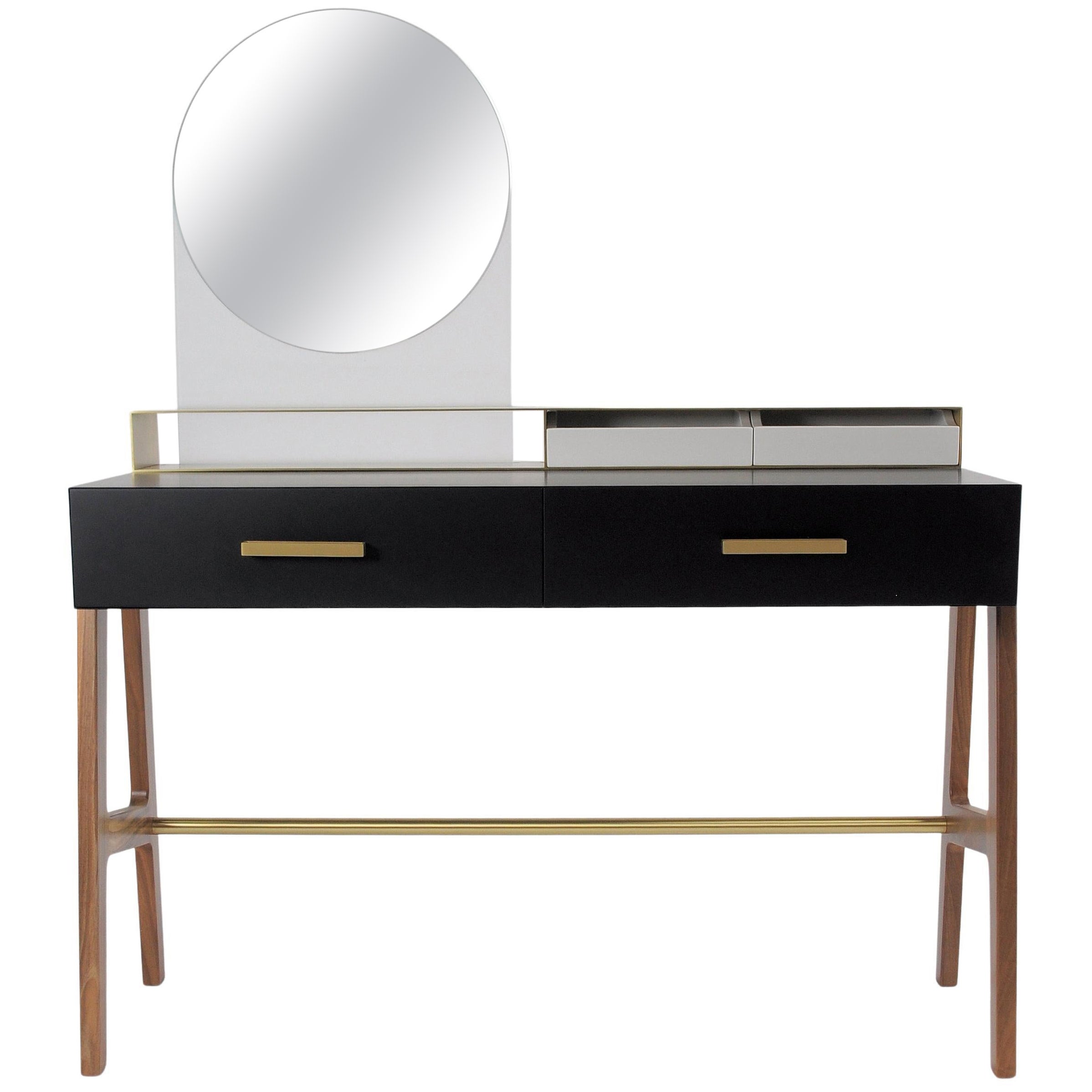 Contemporary Beauty Desk, Makeup Table, Jewel Case, Mirror. Lacquered Oak, Brass For Sale