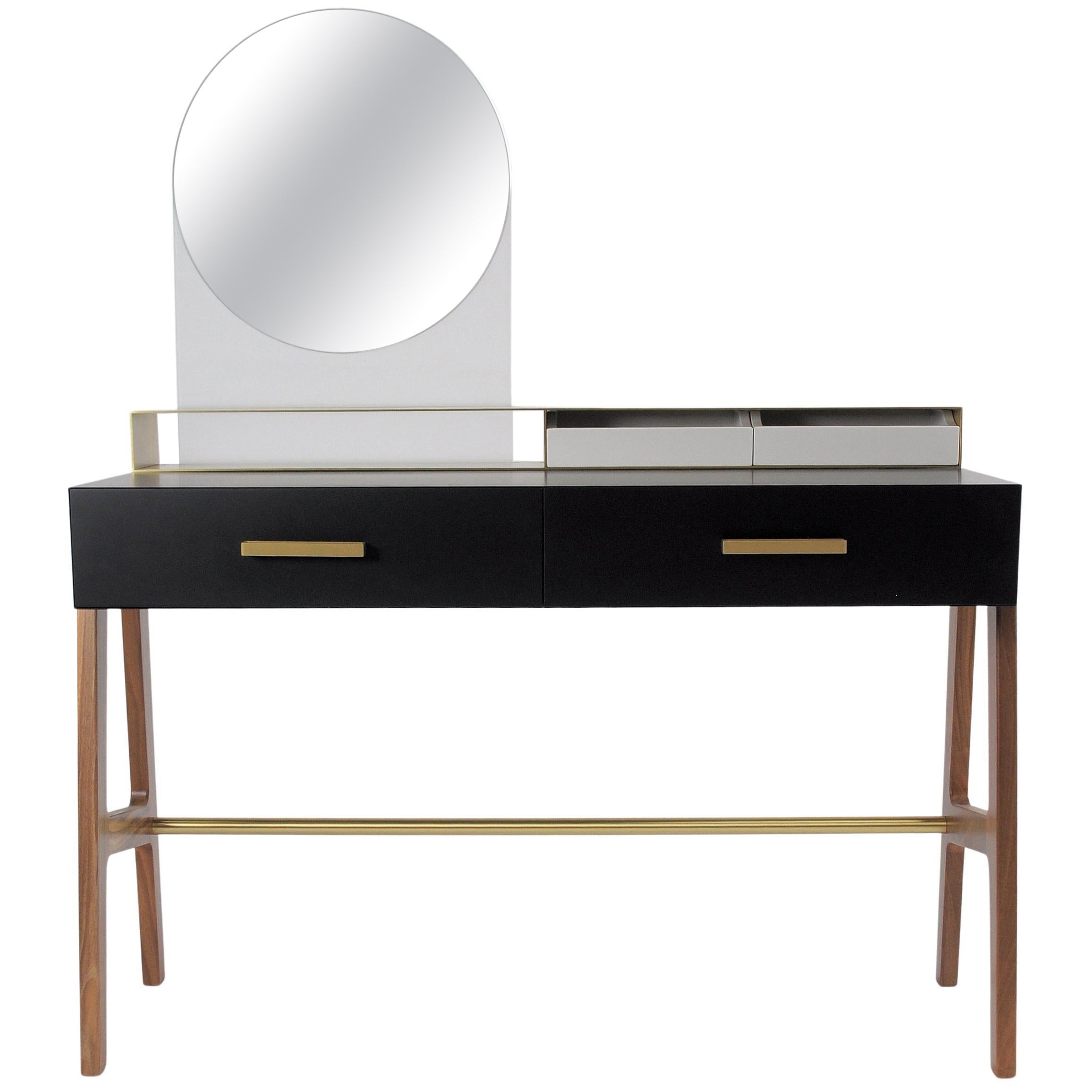 Contemporary Beauty Desk, Makeup Table, Jewel Case, Mirror. Lacquered Oak, Brass