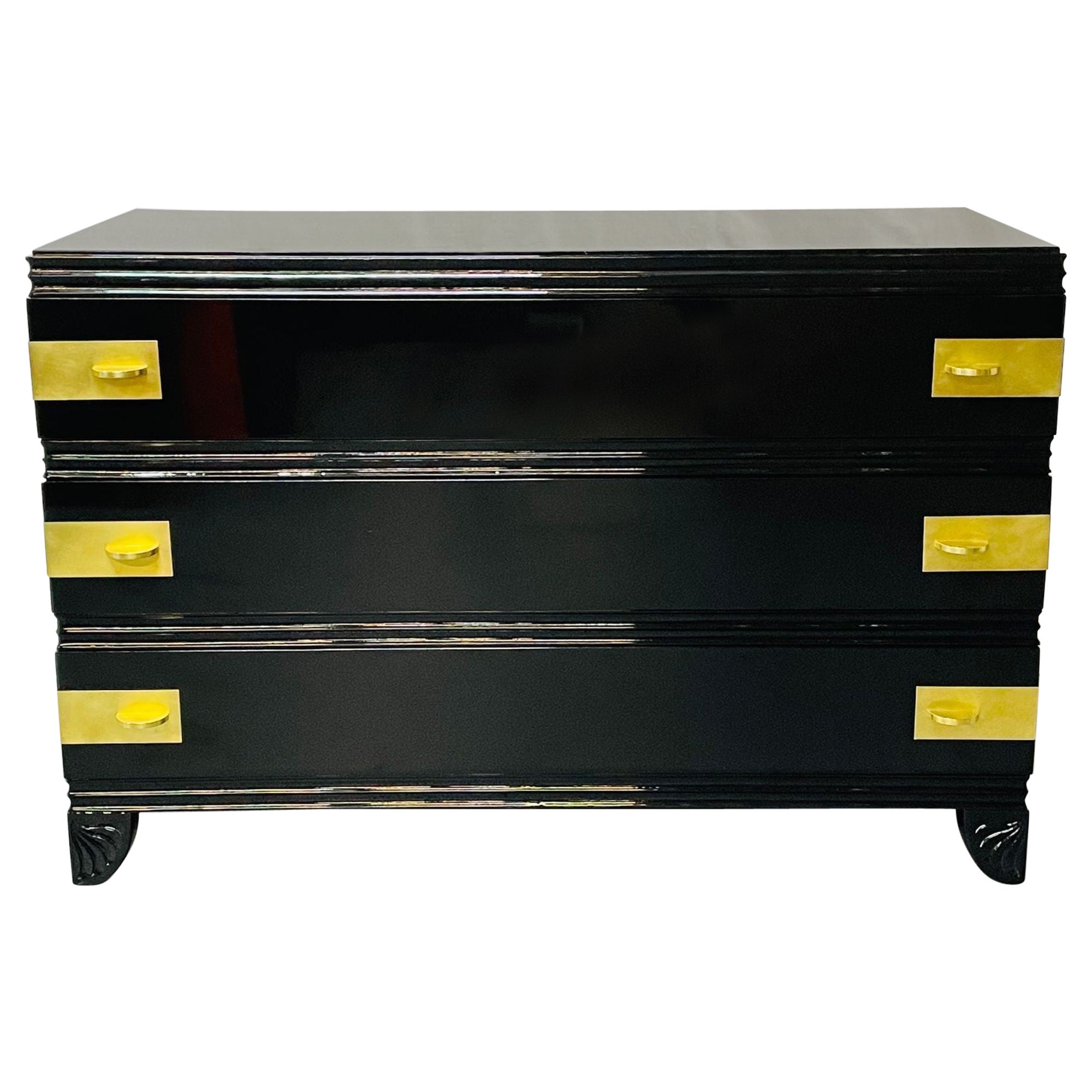 Black Lacquered Campaign Chest, Dresser or Commode, Hollywood Regency, Parzinger