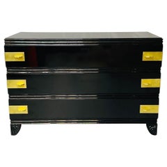 Retro Black Lacquered Campaign Chest, Dresser or Commode, Hollywood Regency, Parzinger