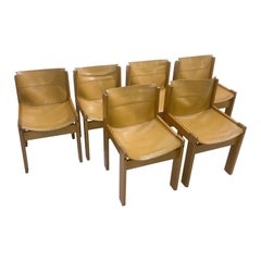 Mid-Century Modern Set of 6 Chairs, Ibisco, Leather and Wood, Italy, 1970s