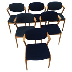 1960's Kai Kristiansen Set of Six Restored Oak Dining Chairs, Custom Upholstery
