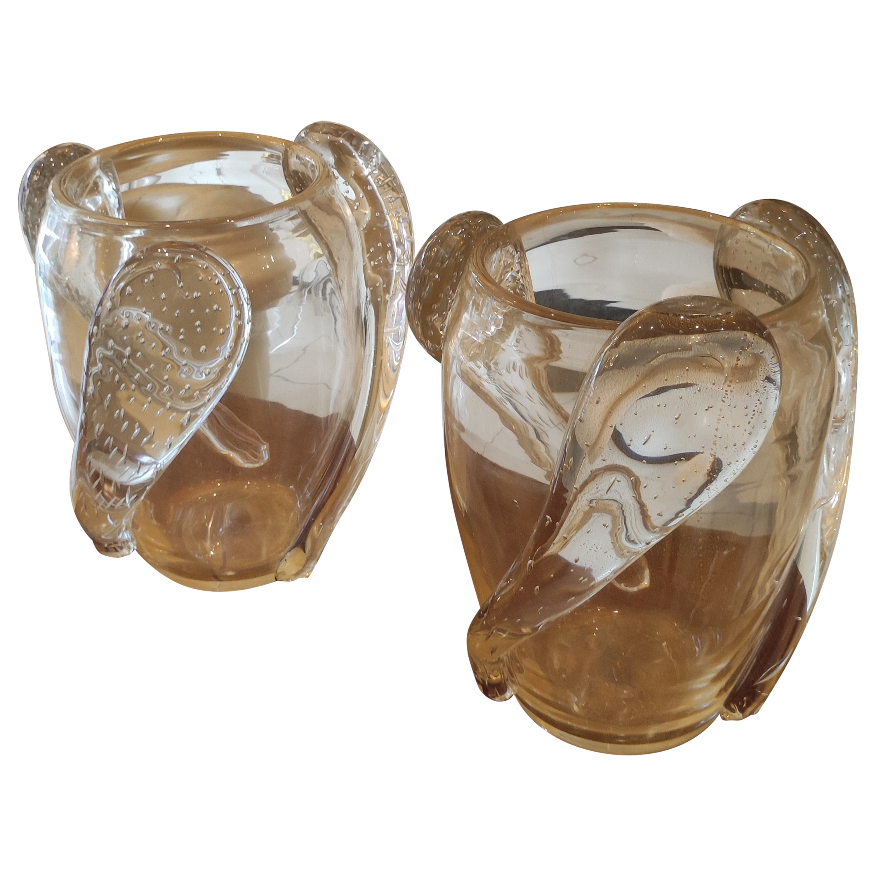 Pair of Blown Translucid Murano Glass Vase with Gold Glitters For Sale