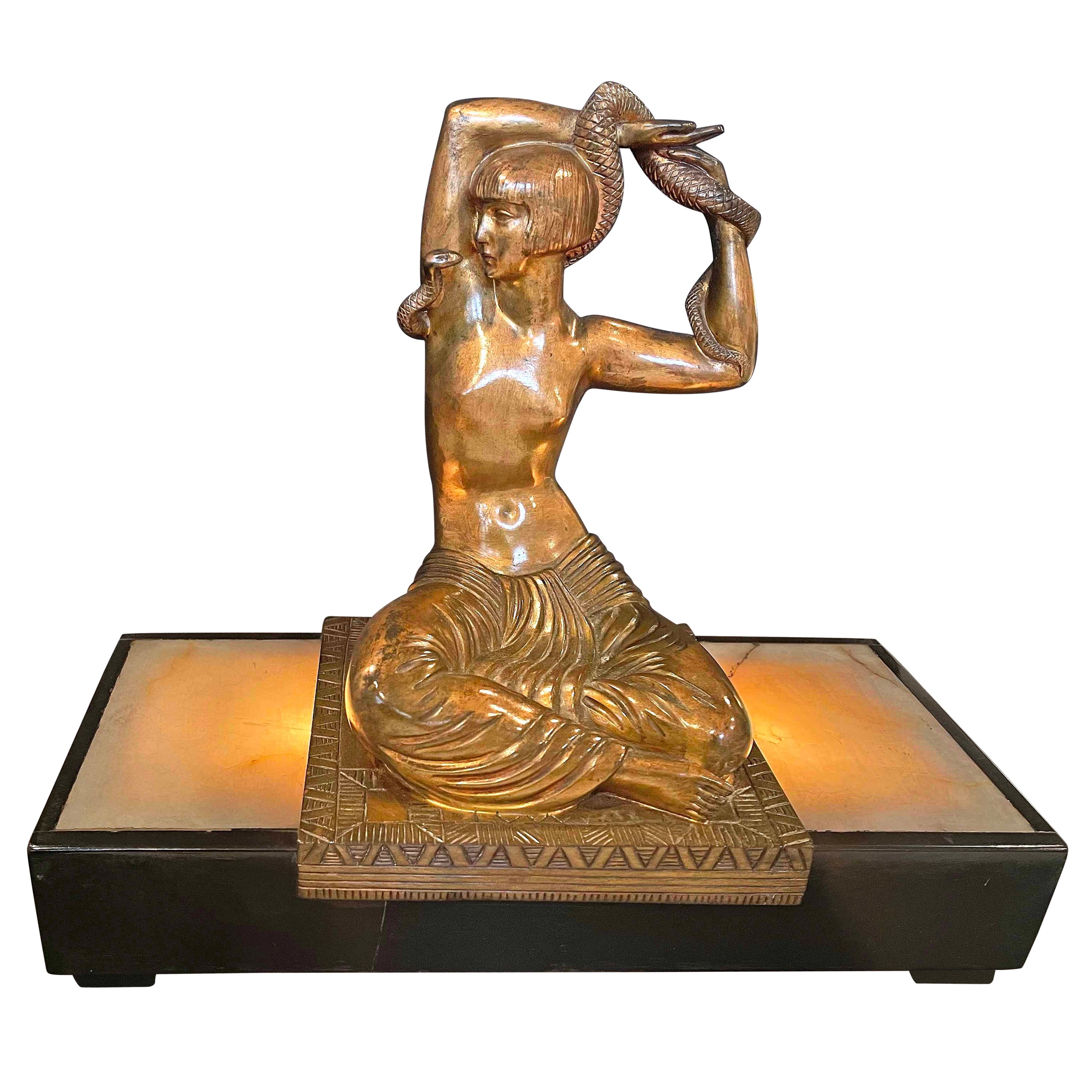 "Snake Dancer, " Extremely Fine Art Deco Sculpture w/ Female Nude, Alabaster Base