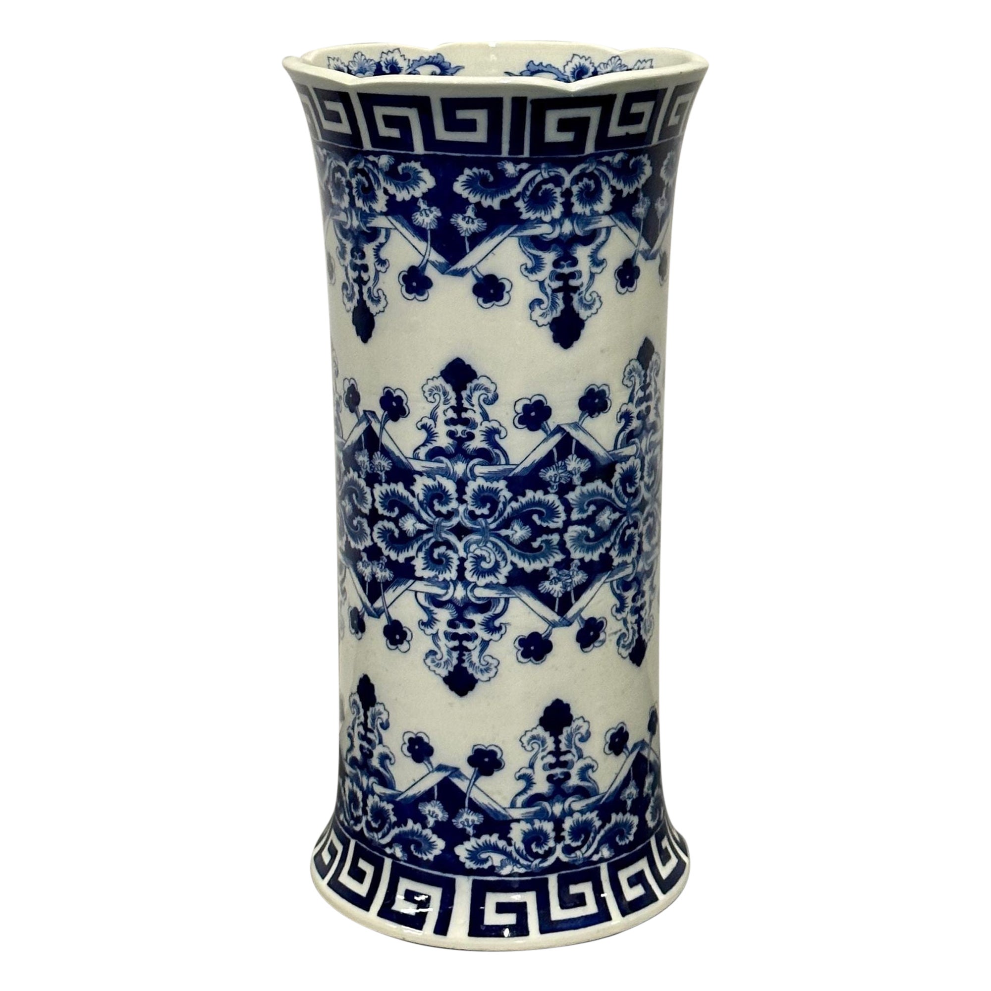 Oriental Porcelain Flow Blue White Umbrella Stand, Large Vase, Floral Decorated