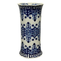 Vintage Oriental Porcelain Flow Blue White Umbrella Stand, Large Vase, Floral Decorated