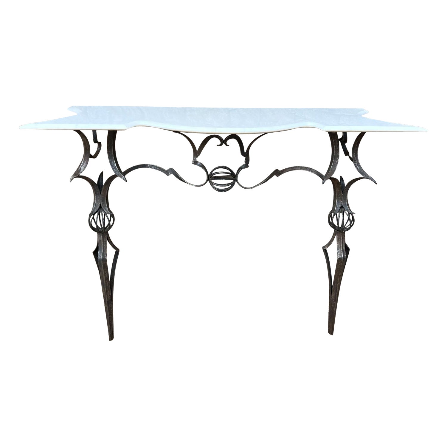 1940s Italian Console Table Wrought Iron Marble Style Gilbert Poillerat For Sale