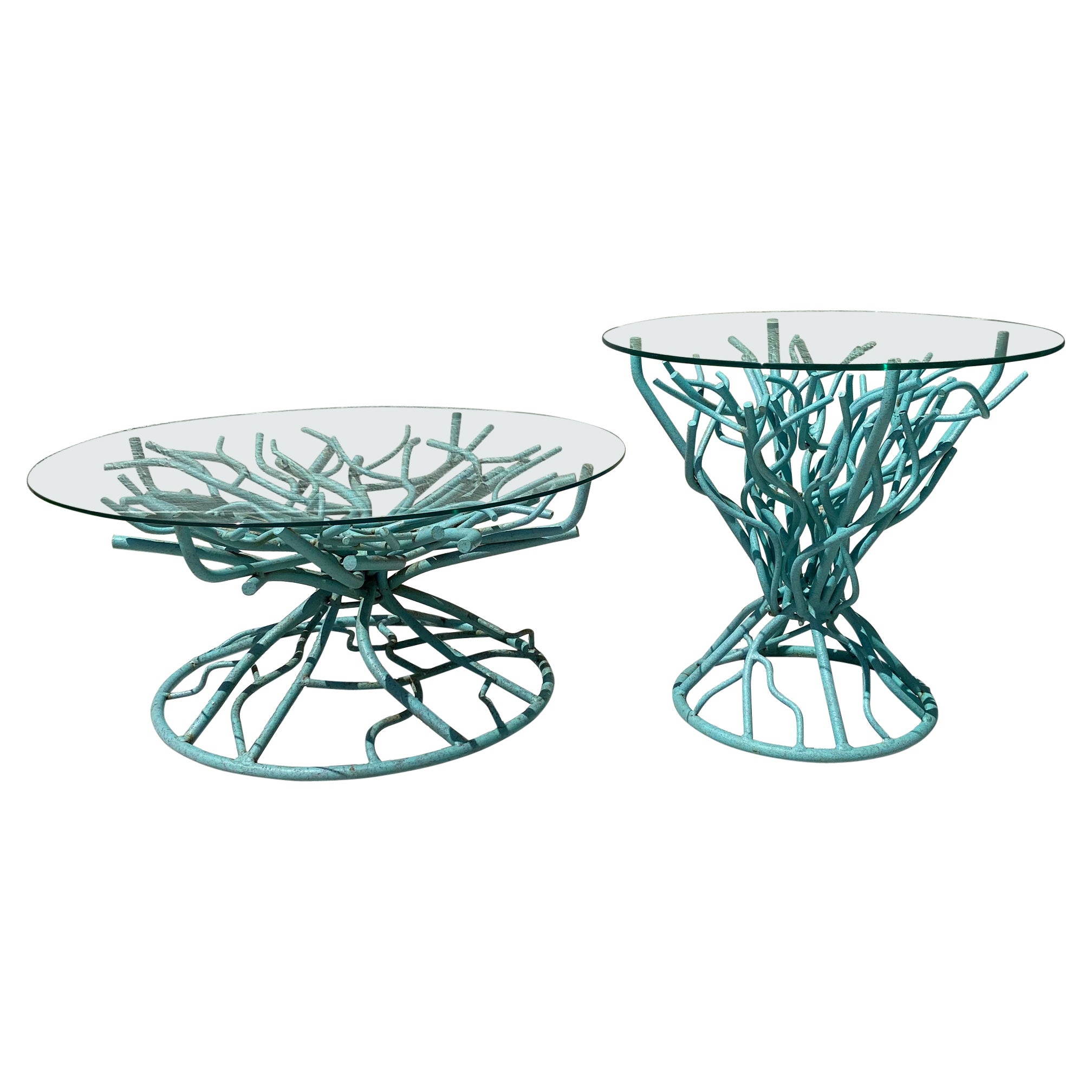 1970s Sculptural Iron Faux Coral Torqouise Table, set of 2 For Sale