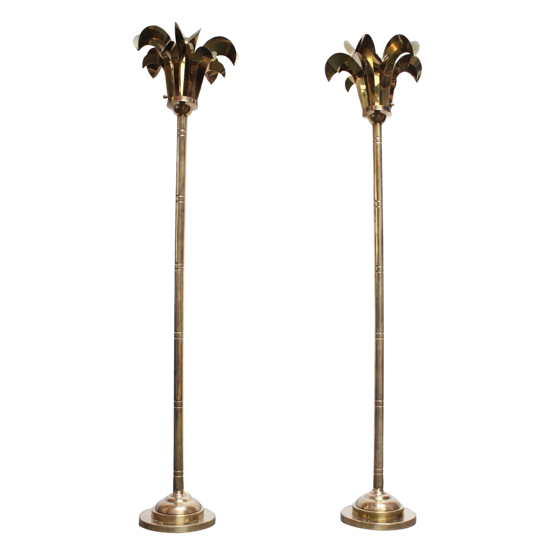 Paire de lampadaires vintage en laiton Palm Tree Frond de Hart Associates en vente
