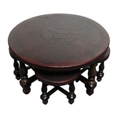 Vintage Embossed Leather Peruvian Coat of Arms Coffee Table and Nesting Stools