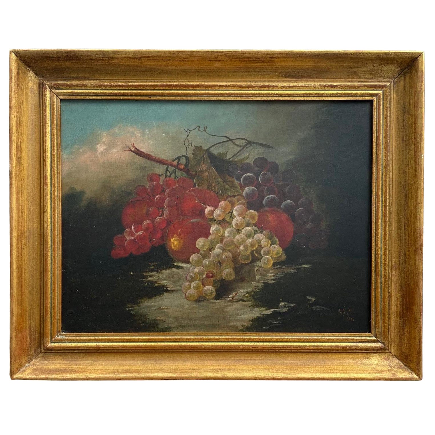 19th Century American Oil Painting Still Life with Fruit and Grapes