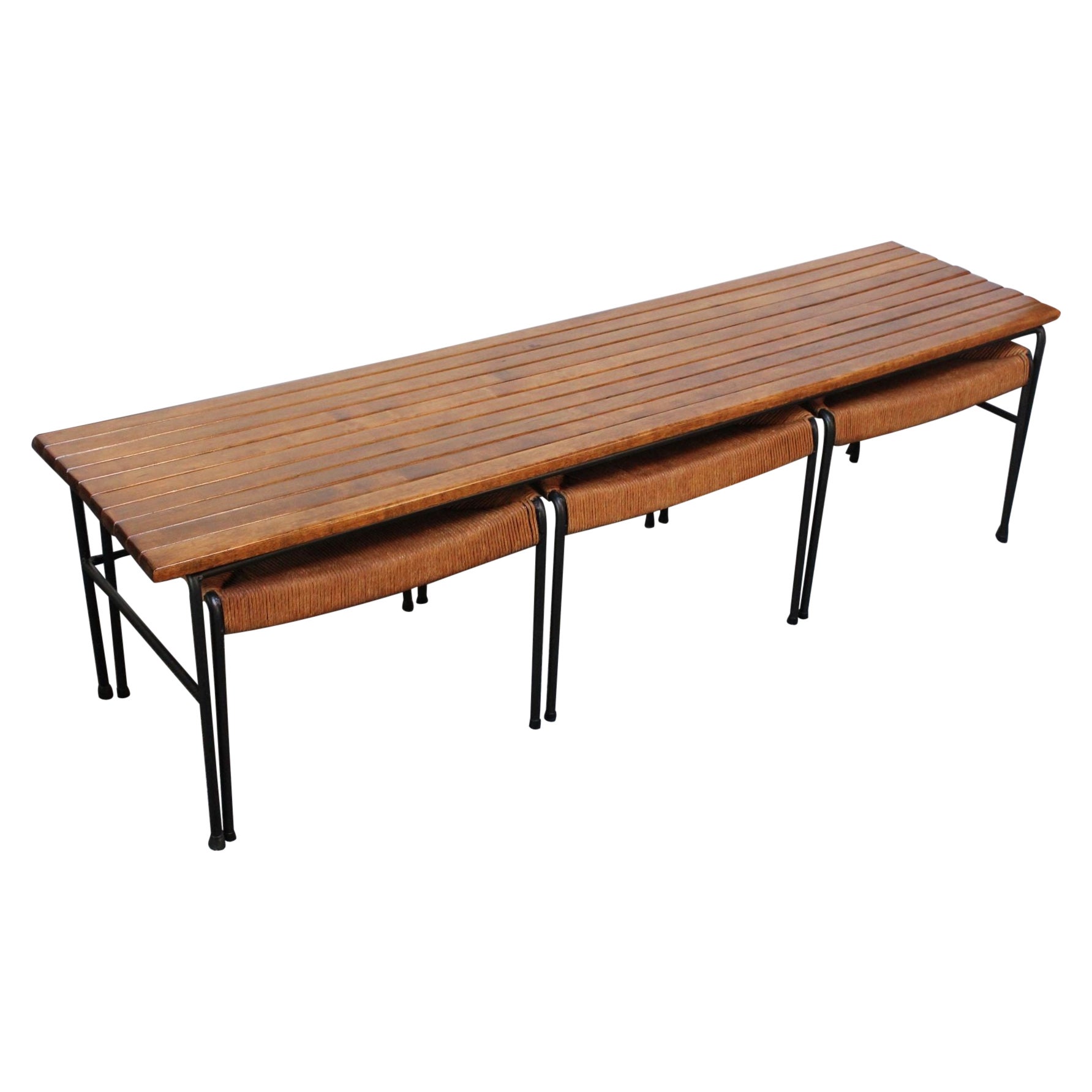 Arthur Umanoff Birch and Iron Bench/Coffee Table with Rush Nesting Stools For Sale