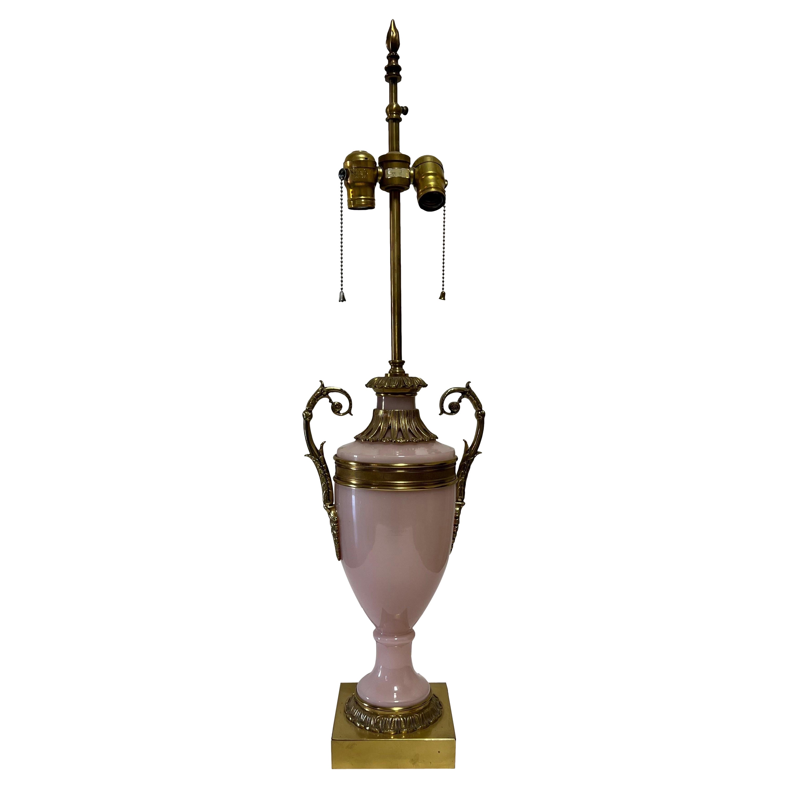 Warren Kessler Pink Glass & Bronze Table Lamp For Sale