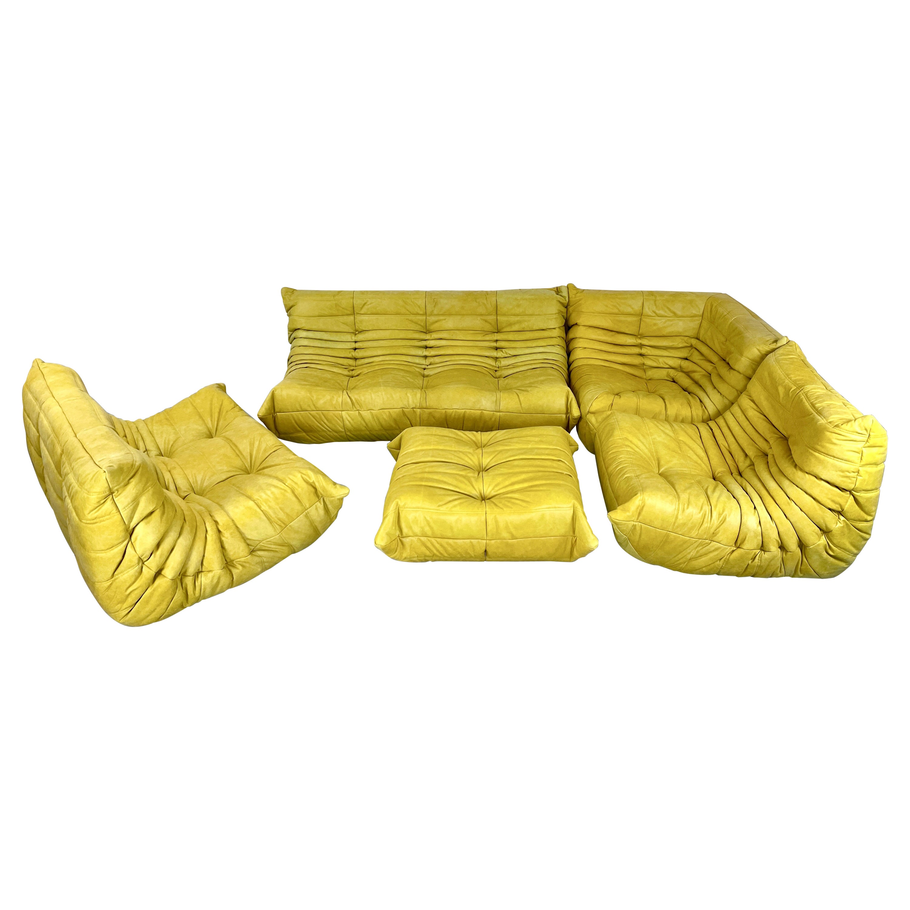 Original Yellow Leather Togo Sofa 5 Pieces by Michel Ducaroy for Ligne Roset