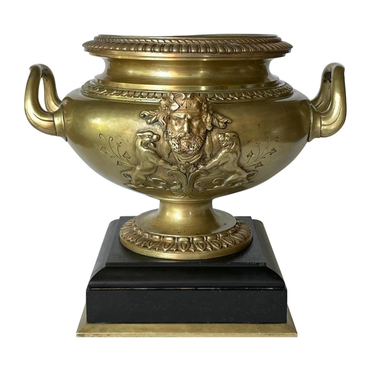 Large French 19th Century Patinated Bronze Centerpiece Urn on Marble Base For Sale