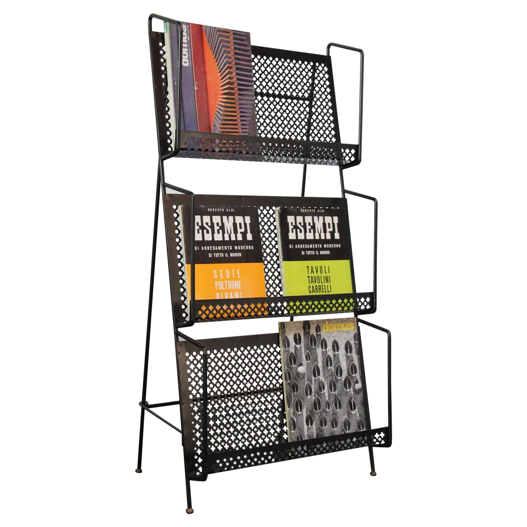 Large Mid-Century Modern Free-Standing Collapsable Metal Magazine Rack For Sale