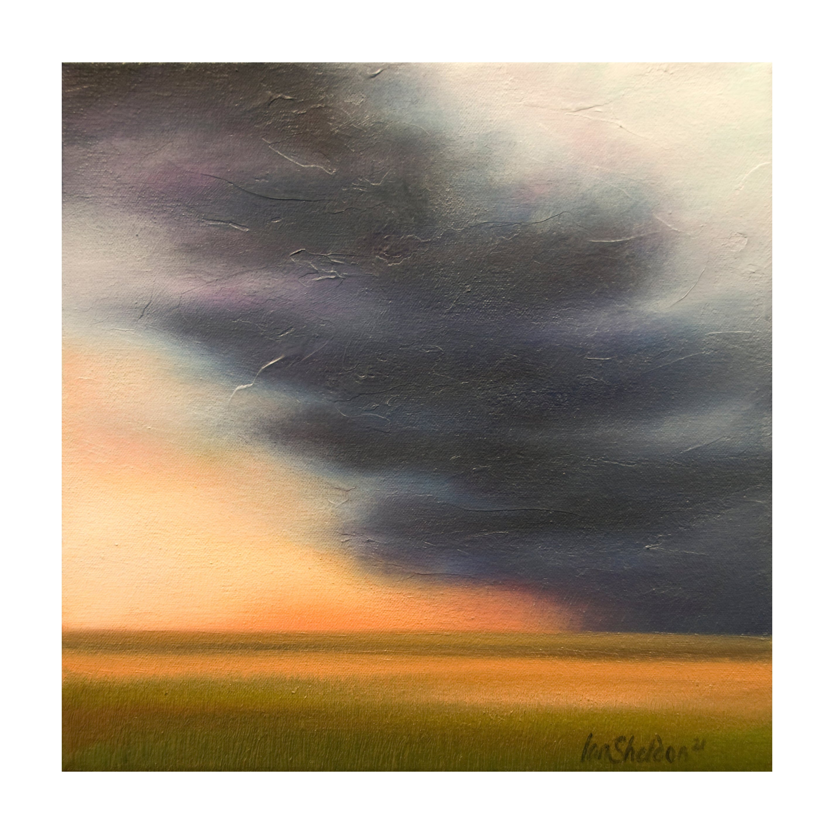 "Sundown Storm" Green, Orange, Yellow Oil Landscape by Storm Chaser Ian Sheldon