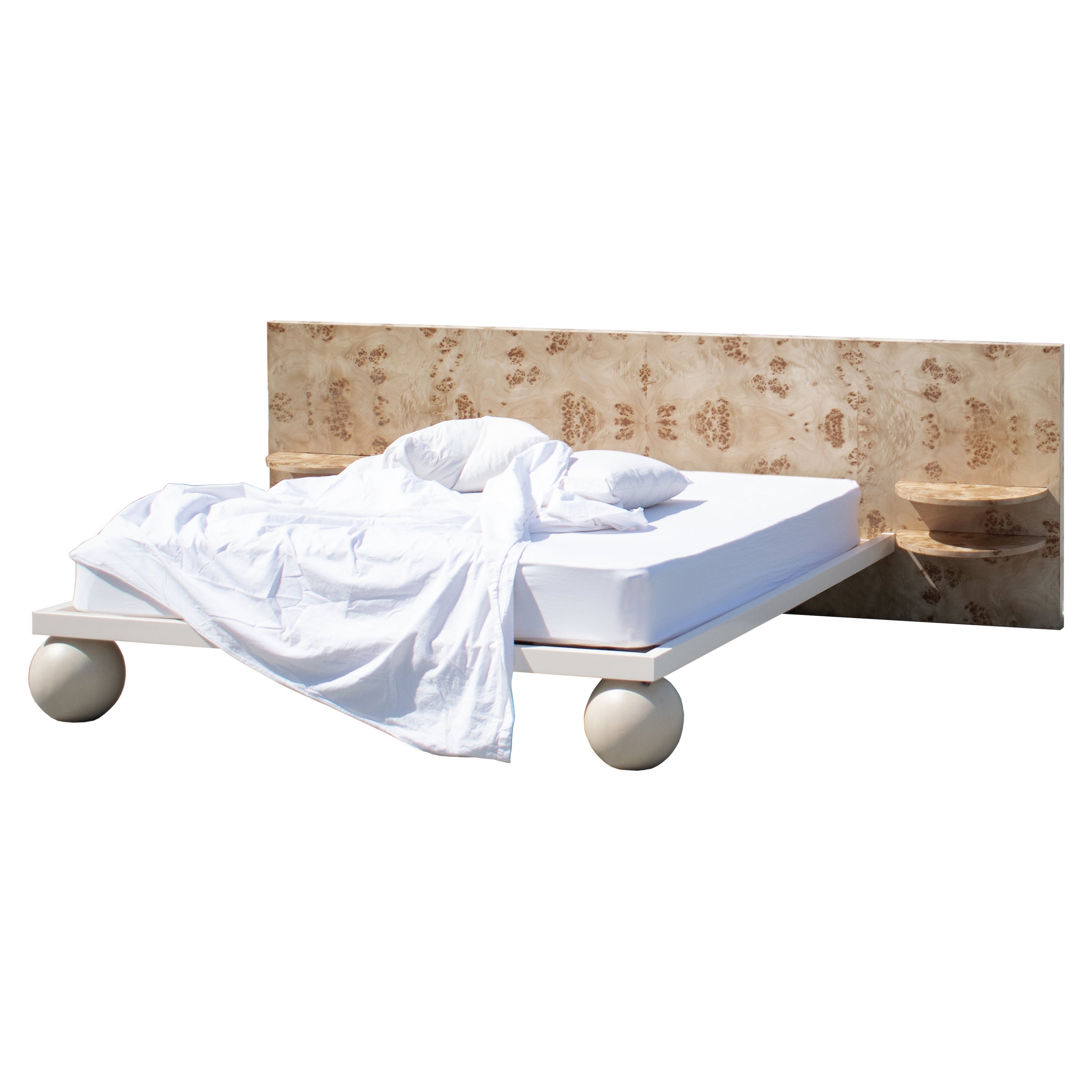 EPIFANIA Mapa Burl Veneer Bed with Integrated Nightstands in Beige Color For Sale