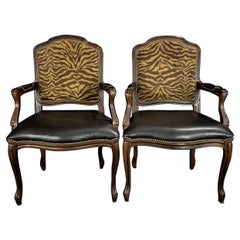 Sexy Pair of French Louis XV Style Faux Zebra and Black Leather Arm Chairs