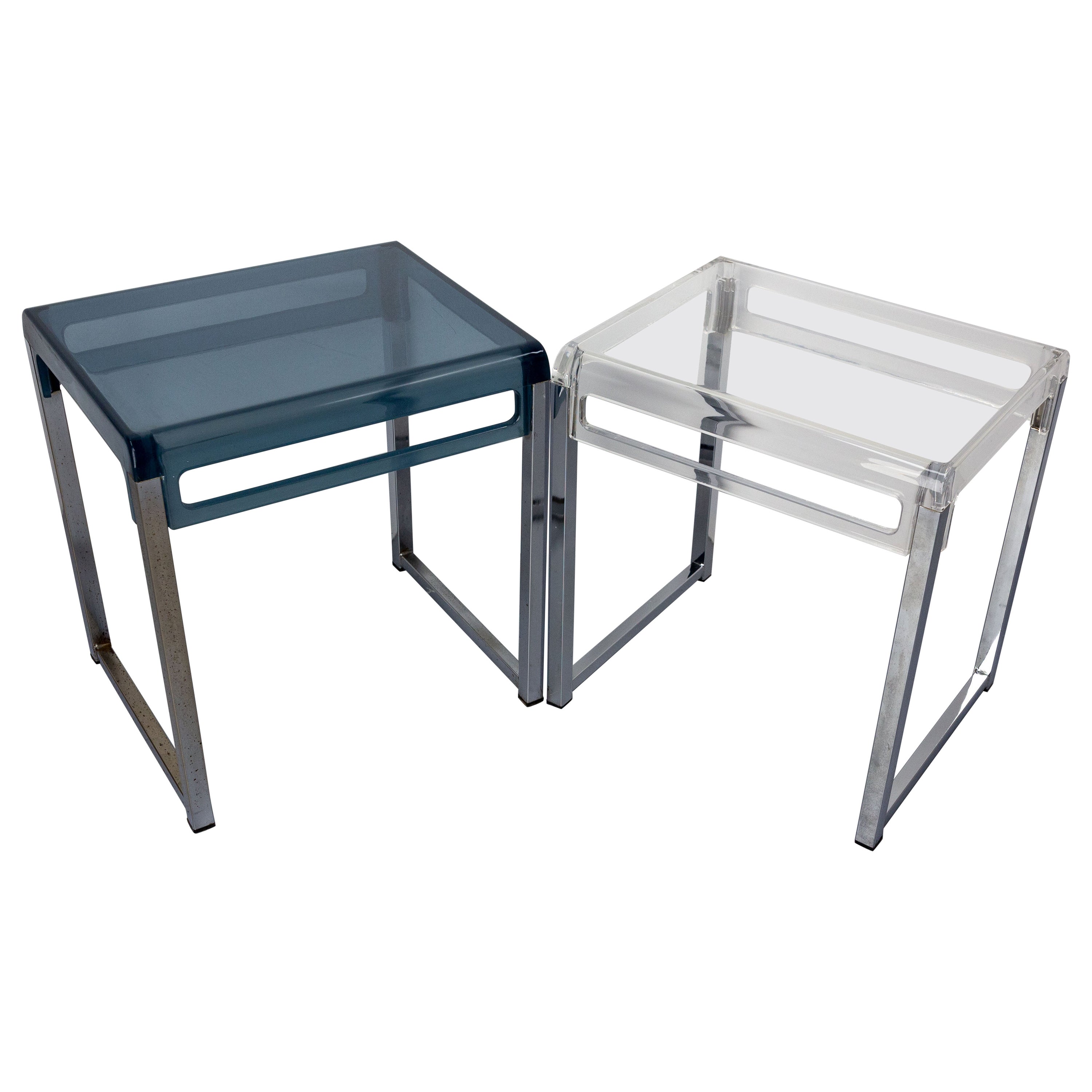 French Pair of Polycarbonate & Chrome Coffee Table or Nightstand Table, c. 1980 For Sale