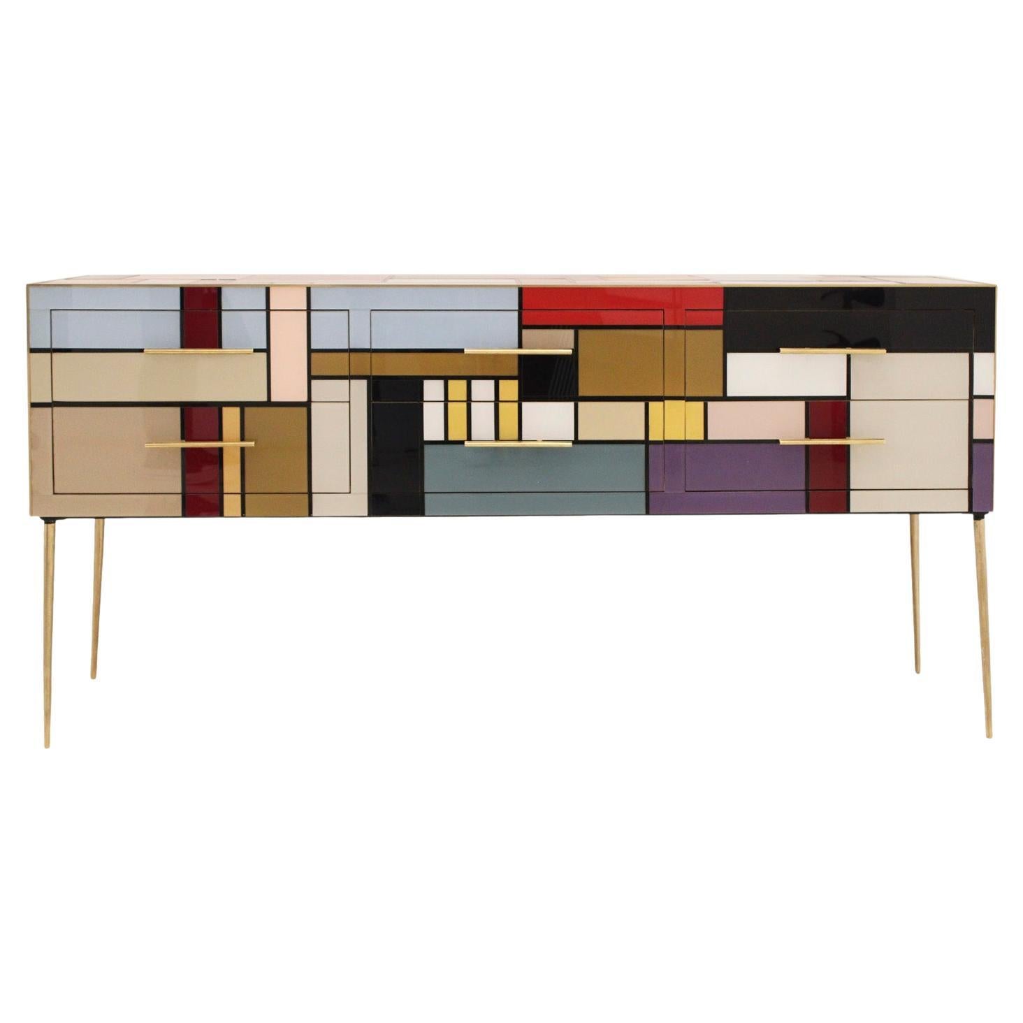 Mid Century Style Sideboard Made of Solid Wood and Covered with Colored Glass For Sale