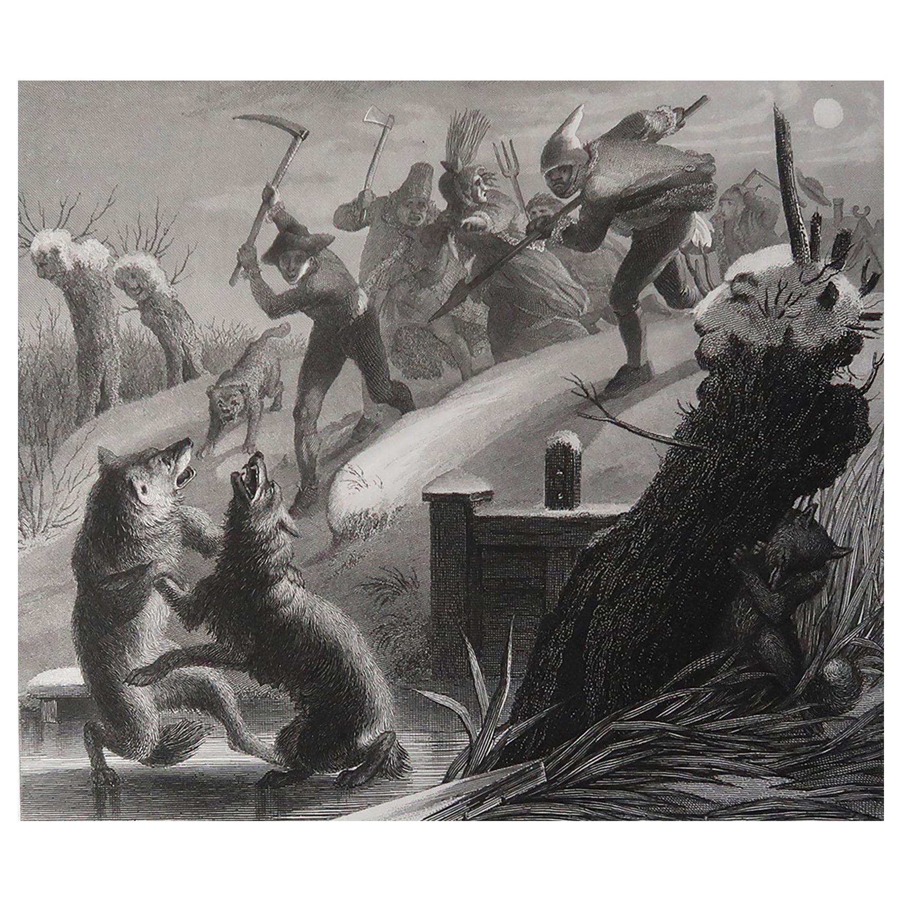Original Antique Print After Heinrich Leutemann, Reynard The Fox, Wolves On Ice For Sale