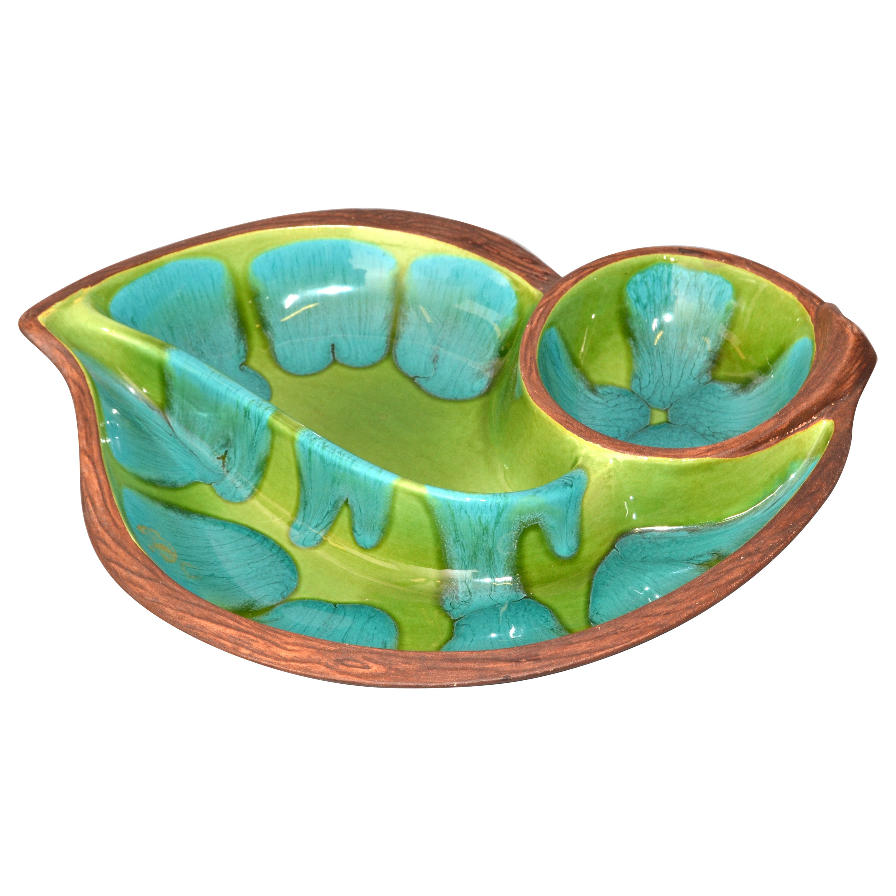 Brown Green Turquoise Glazed Ceramic Pottery Dish Mid-Century Modern, USA For Sale