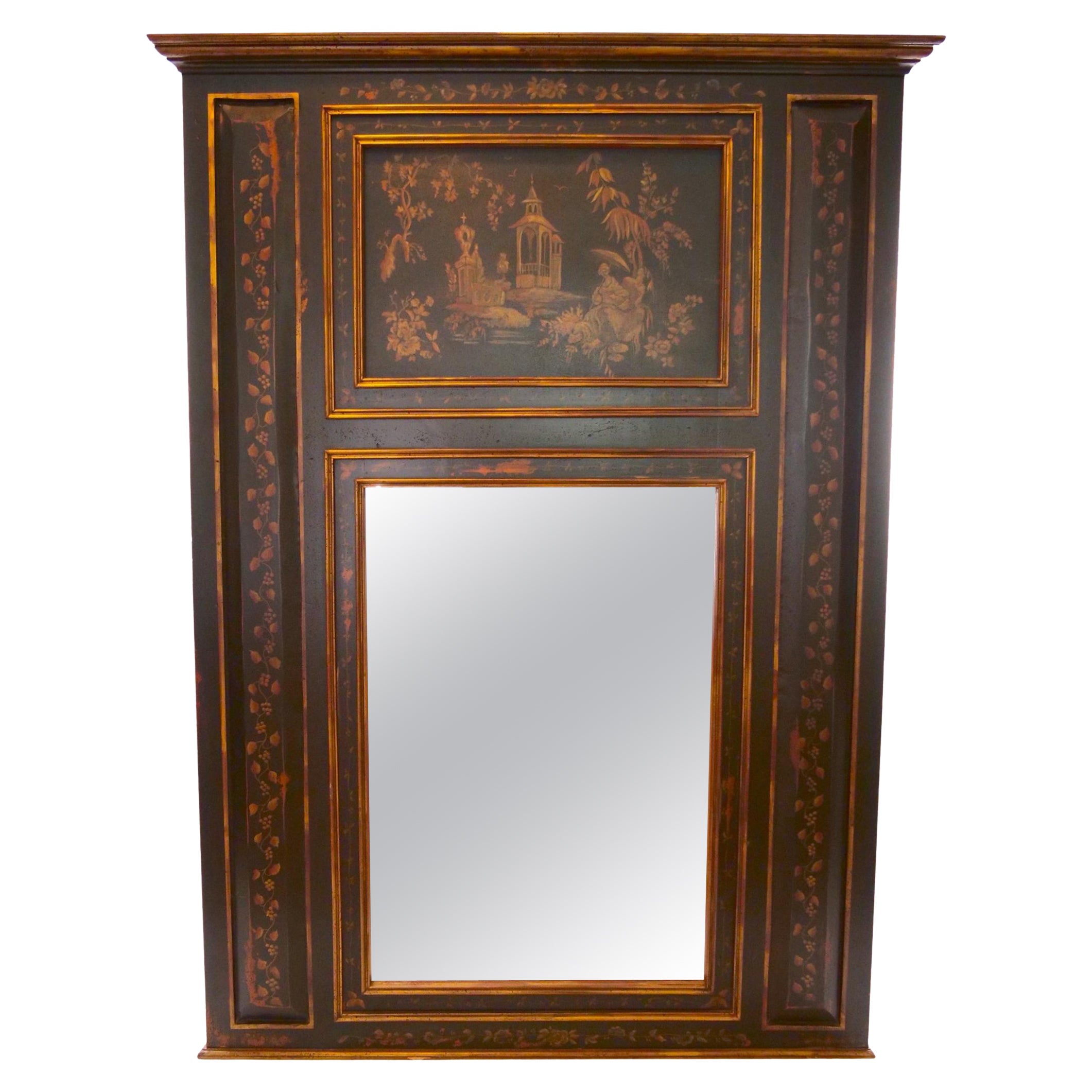 Hand Painted Wood Chinoiserie Panels Trumeau Mirror For Sale