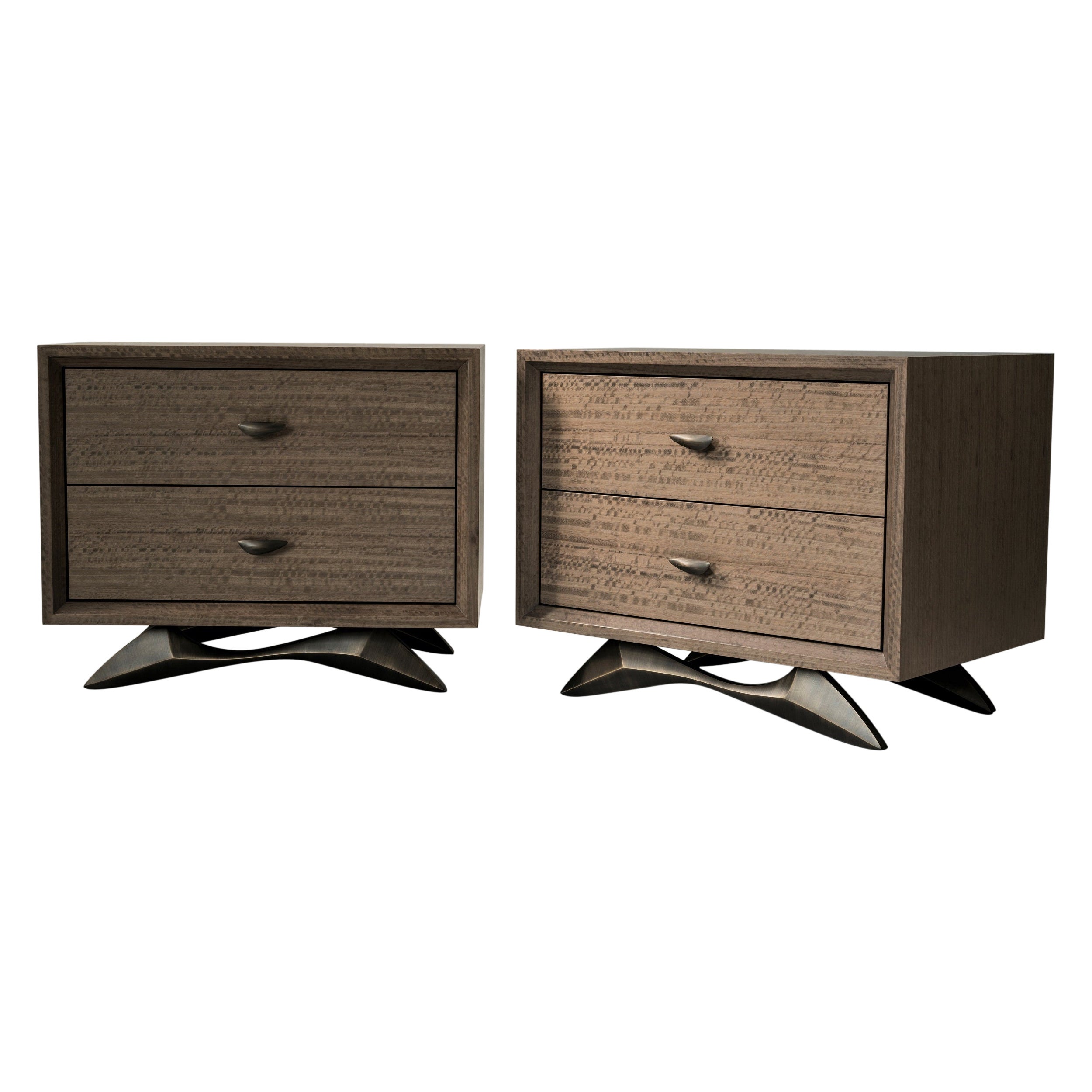 Pair of Bevel Bedside Tables by DeMuro Das with Solid Antique Bronze Base