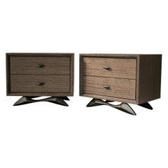 Pair of Bevel Bedside Tables by DeMuro Das with Solid Antique Bronze Base
