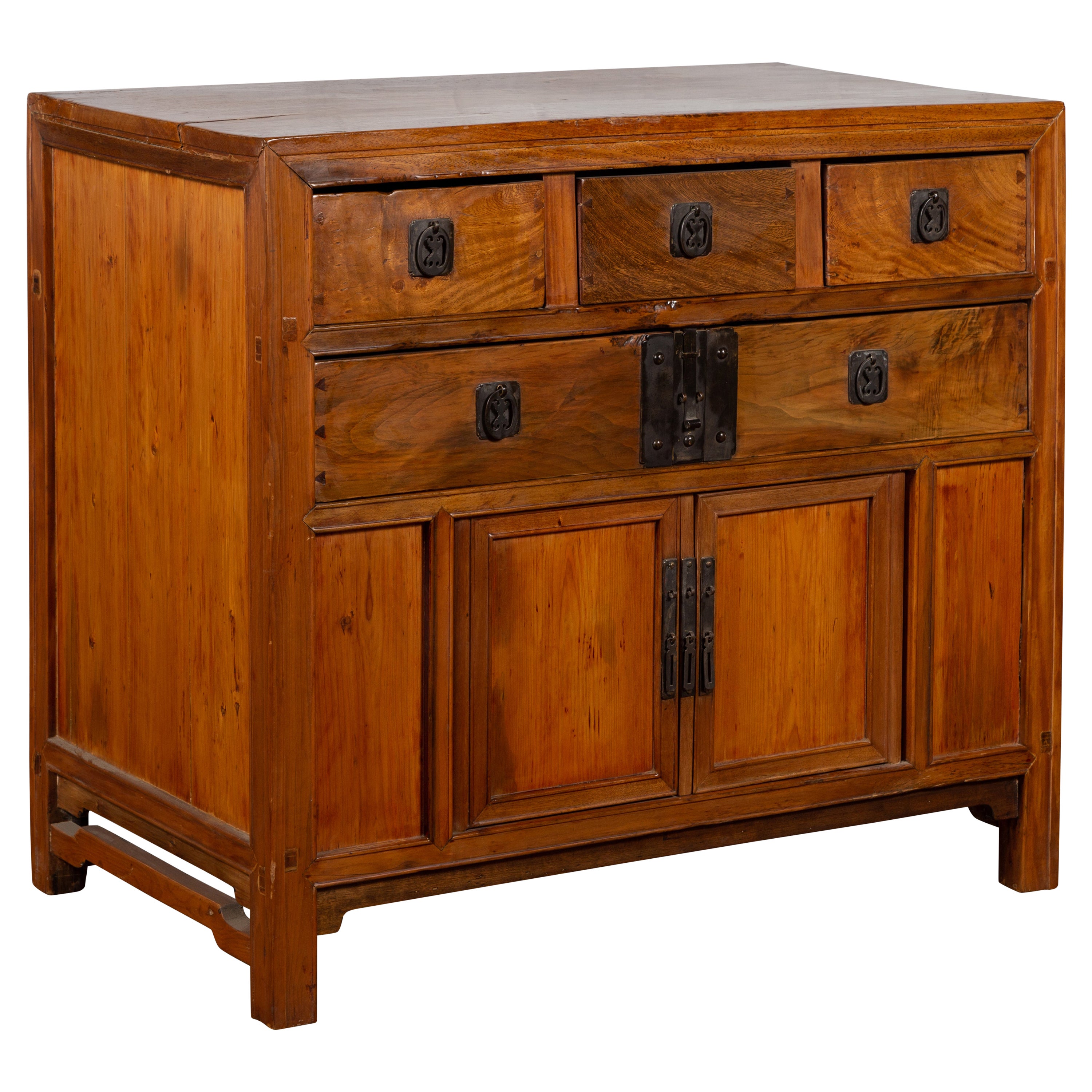 Chinese Late Qing Dynasty Elmwood Cabinet with Five Drawers over Two Doors For Sale