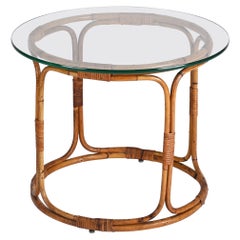 Midcentury Round Rattan, Bamboo Italian Coffee Table with Glass Shelf, 1960s