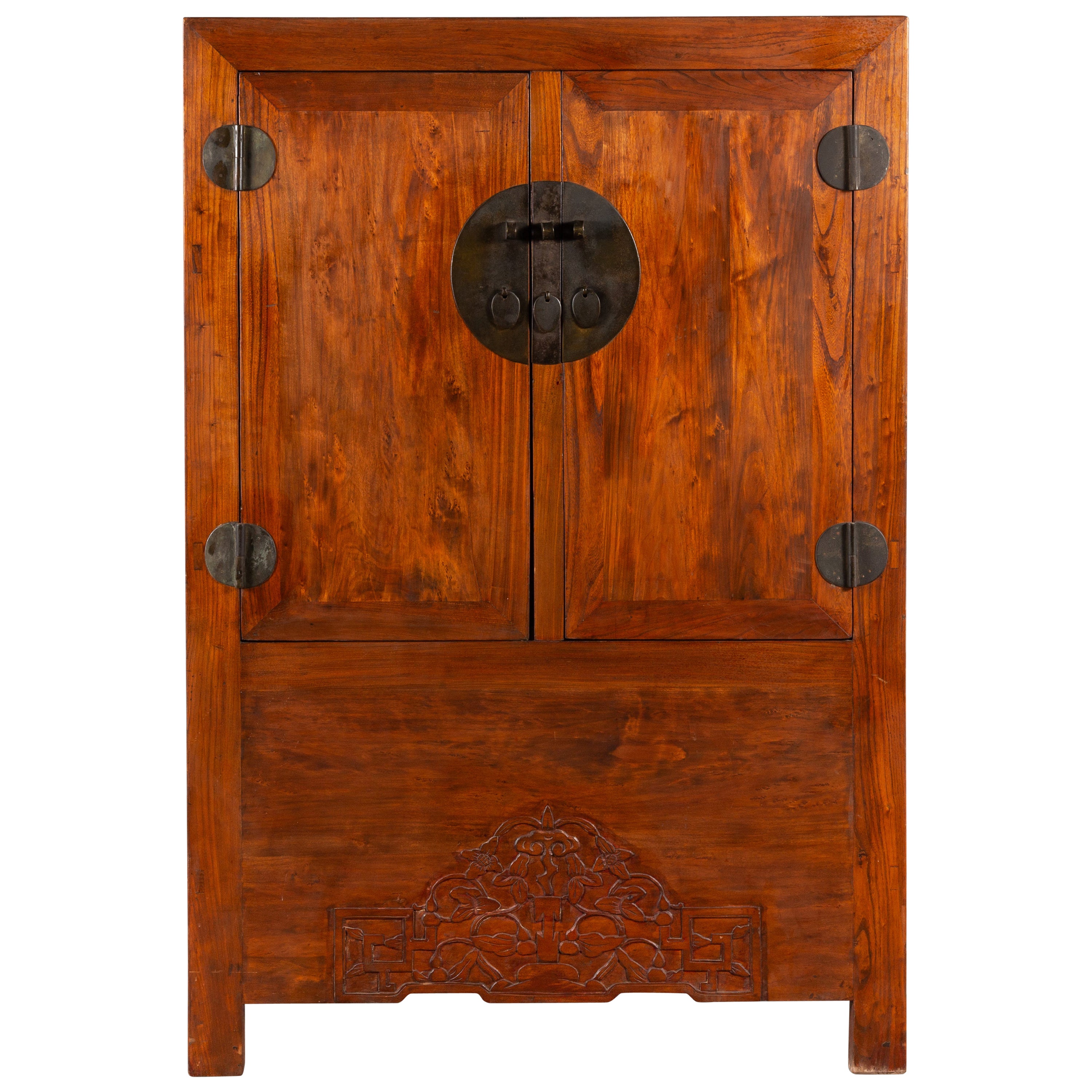 Chinese Qing Dynasty 19th Century Armoire with Carved Skirt and Large Medallion For Sale
