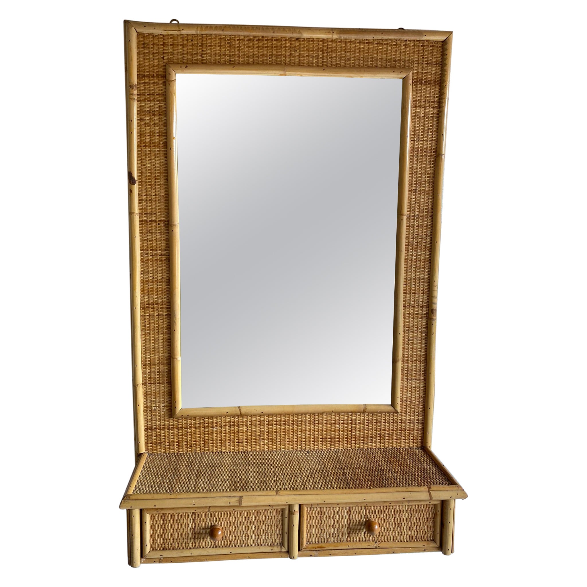 Mid Century Rattan & Cane Wall Mirror with Drawers, Italian, 1970s For Sale