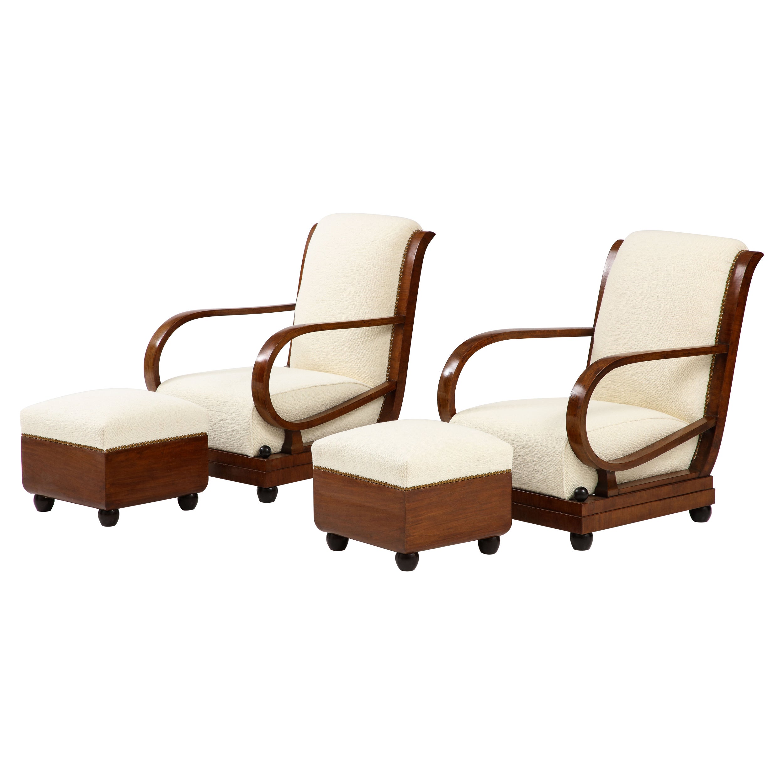 Italian 1920's Walnut Armchairs / Lounge Chairs with Foot Stools