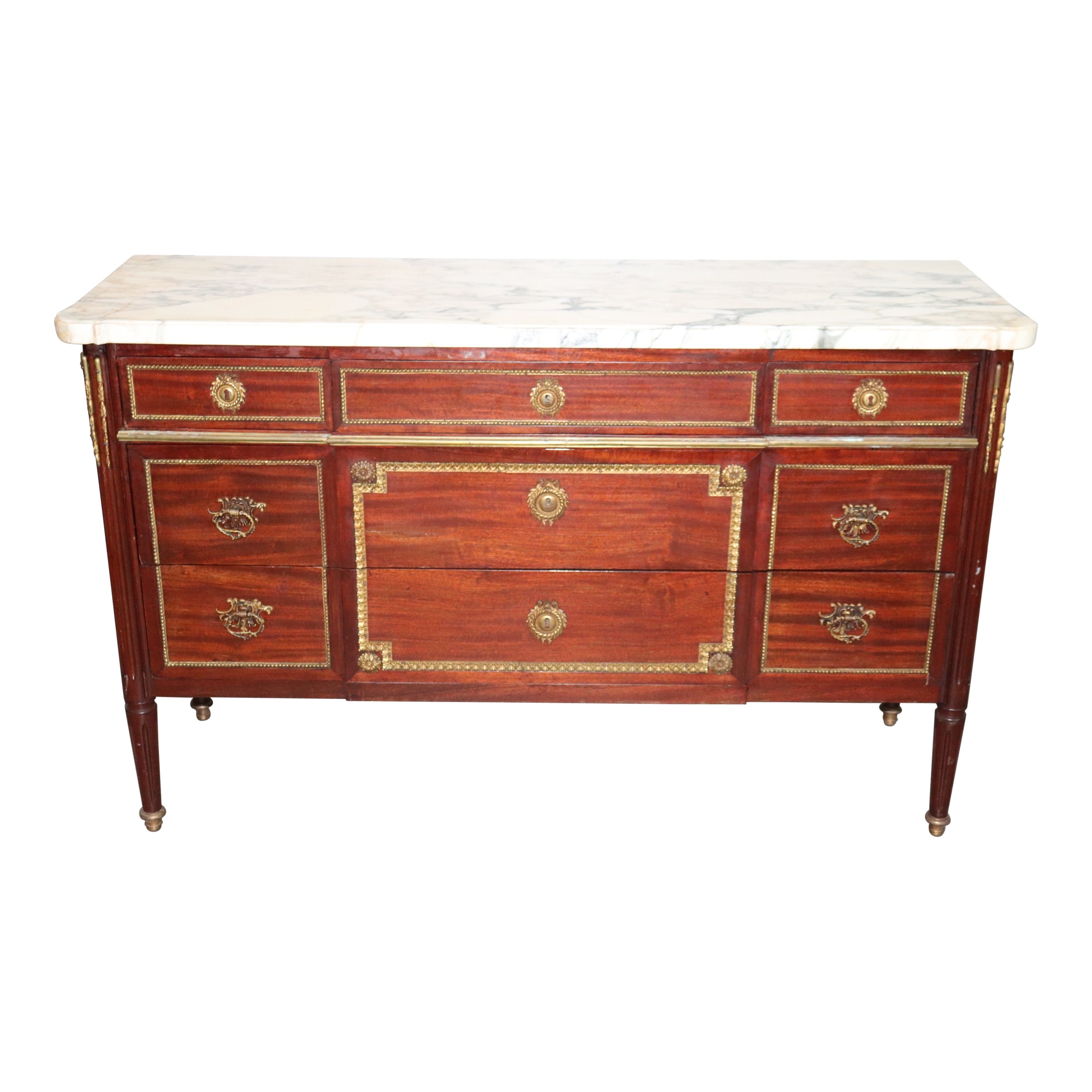 Signed Maison Jansen Directoire Bronze Mounted 3 Drawer Mahogany Commode For Sale