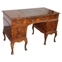Antique Burled Walnut English Writing Kneehole Desk with Distressed Embossed Leather Top