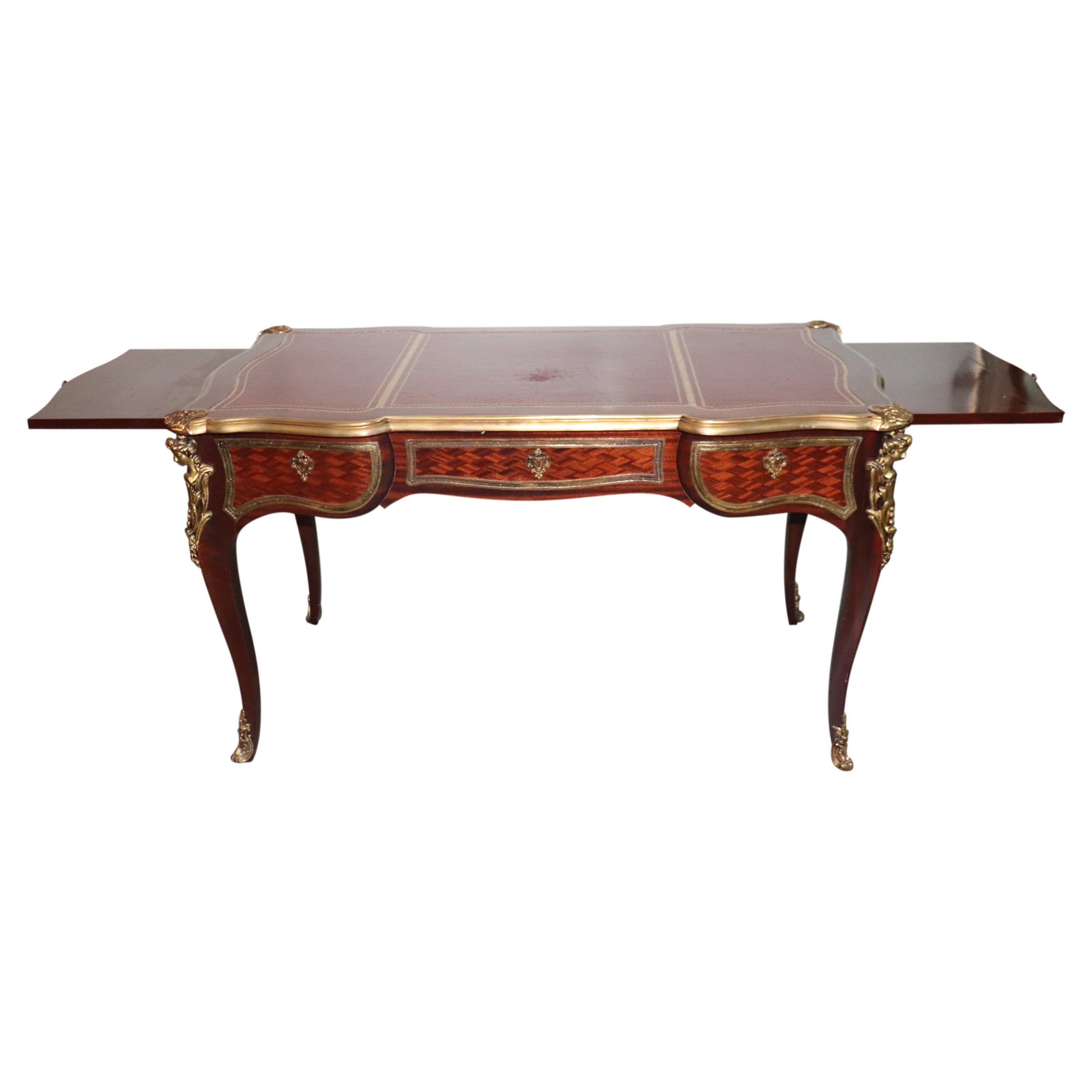 Fine Quality French Mahogany Leather and Bronze Figural Writing Desk circa 1940