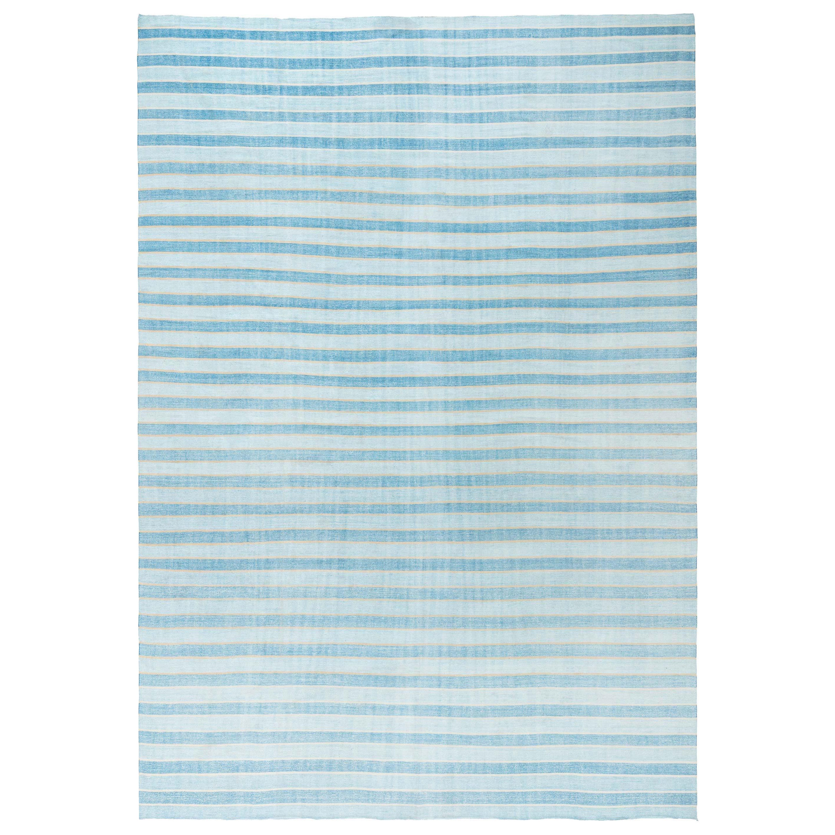 Vintage Indian Dhurrie Striped Blue Rug by Doris Leslie Blau For Sale at 1stDibs