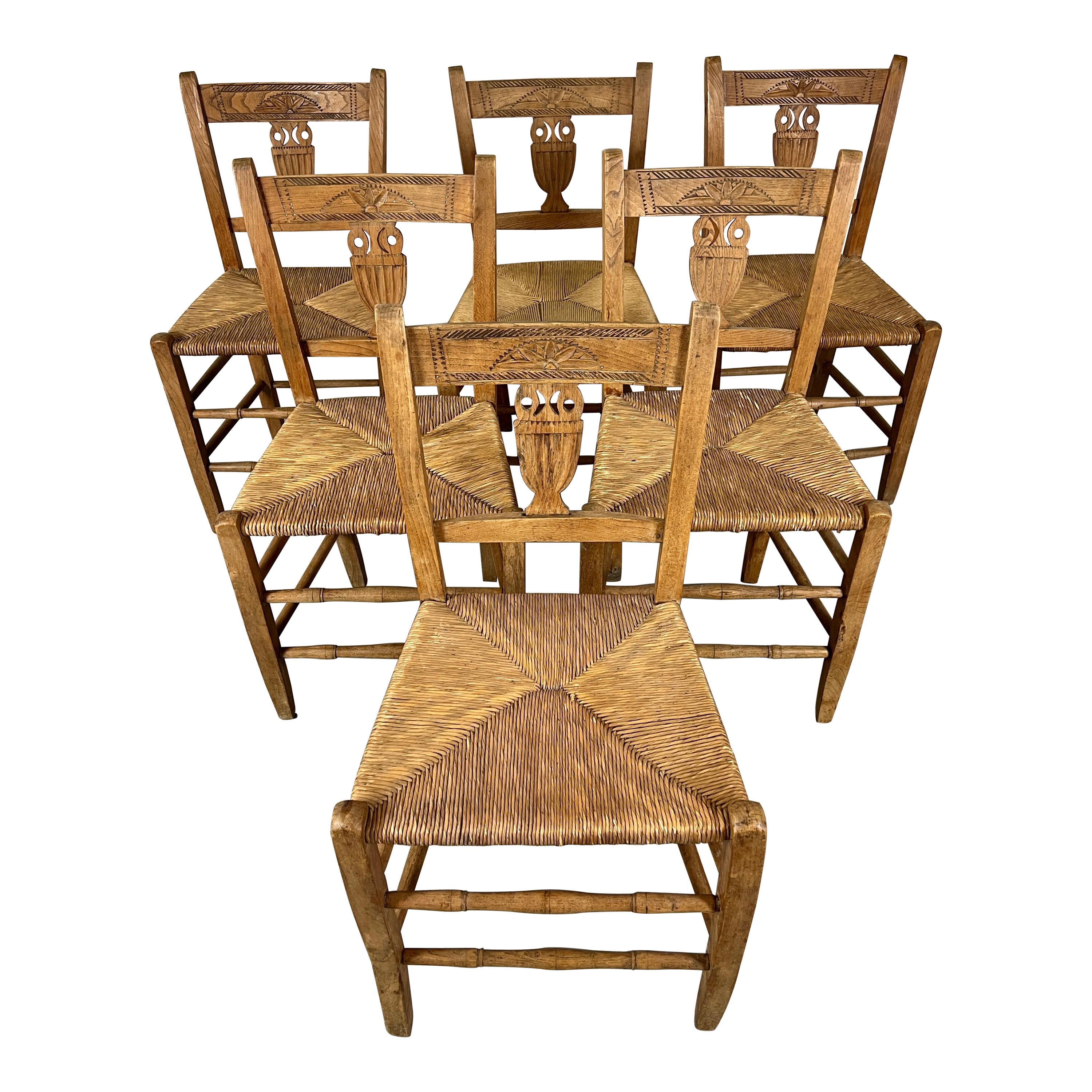 4 French Country Rustic Pine Leopard and Rush Seat Farmhouse Side Dining Chairs at 1stDibs