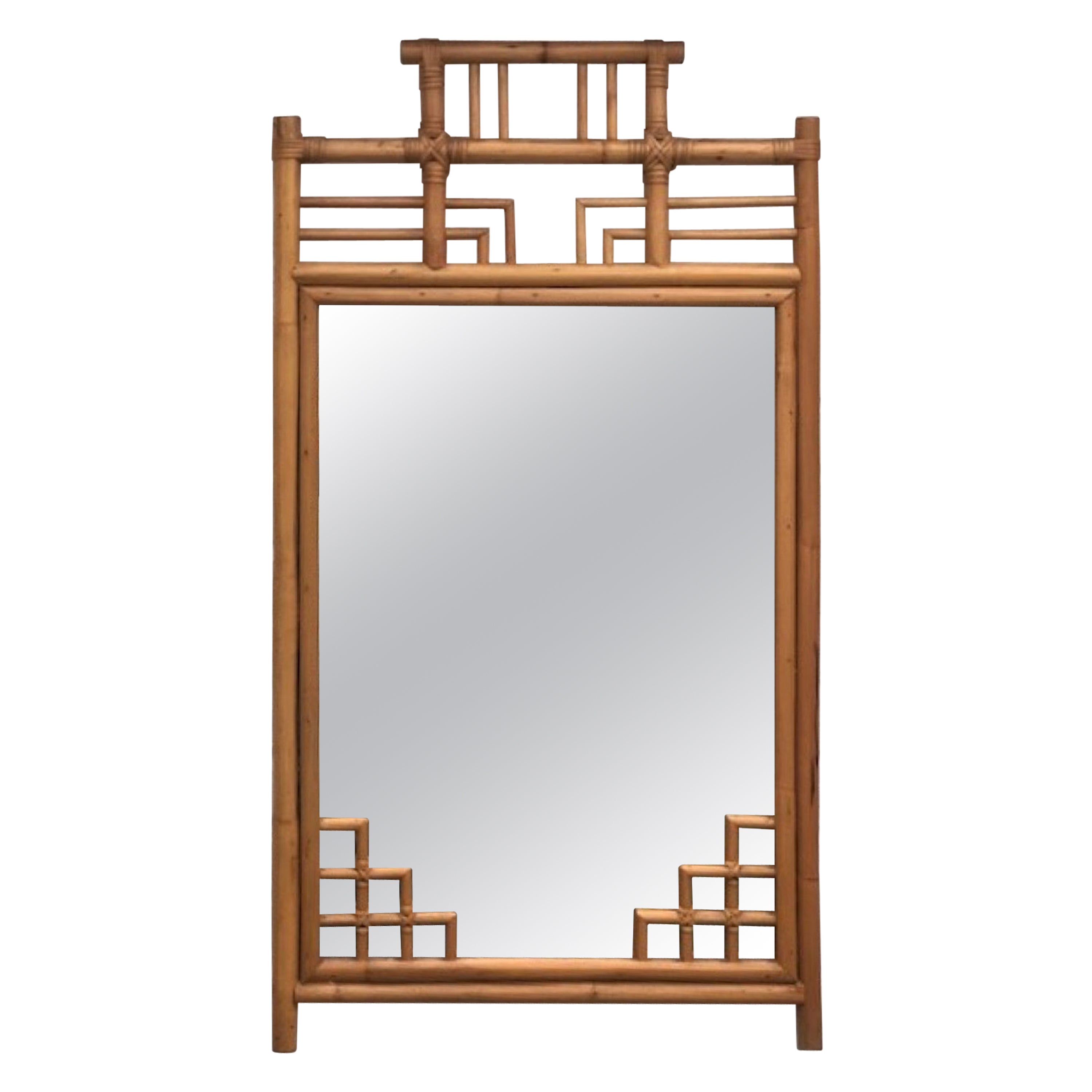 Mid Century Rattan Chinese Chippendale Style Rectangular Wall Mirror, 1970s For Sale