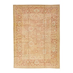 Tan Modern Turkish Oushak Handmade Wool Rug with Floral Motif