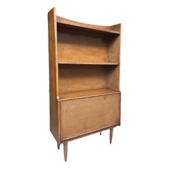 Vintage Mid Century Walnut Book Case Shelf with Caned Door and Bar Cabinet