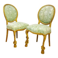 Pair of Carved Wood Rope and Tassel Side Chairs, Italy Mid 20th Century