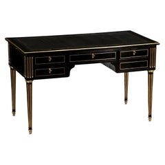 Antique French Ebonized Writing Desk with Embossed Leather Top