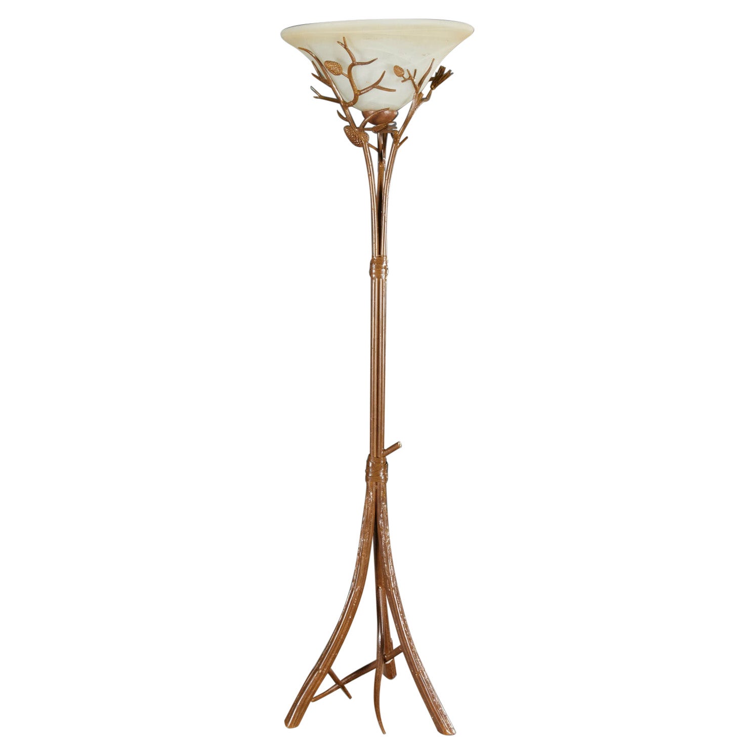 Contemporary Faux Bois Torchiere Floor Lamp with Fir Pine Cones and Needles